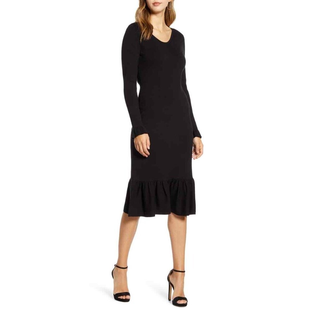 Rachel Parcell womens black v neck long‎ sleeve Knit Sweater Dress size large